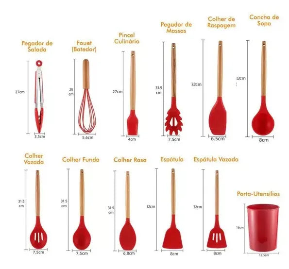 Kit Jogo 12 Peças Utensílios de Cozinha Silicone Antiaderente com Suporte