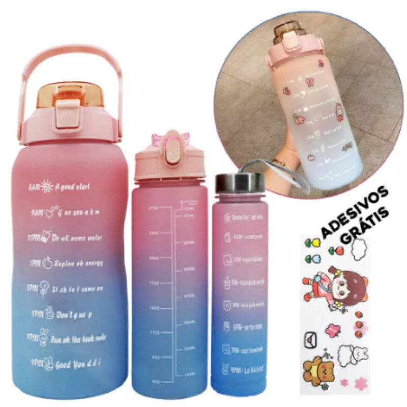 Kit 3 Garrafa Água Squeeze Academia 2L+900ml 300ml 2 Com Alça